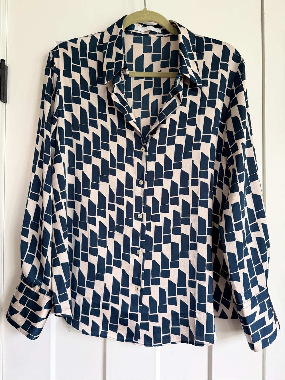 Mango Women's Navy and Cream Geometric Button-Up Blouse - size 10